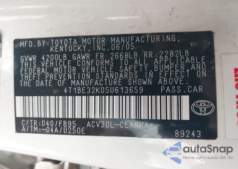 2005 Toyota Camry Le из США, поврежденный, VIN 4T1BE32K05U613659